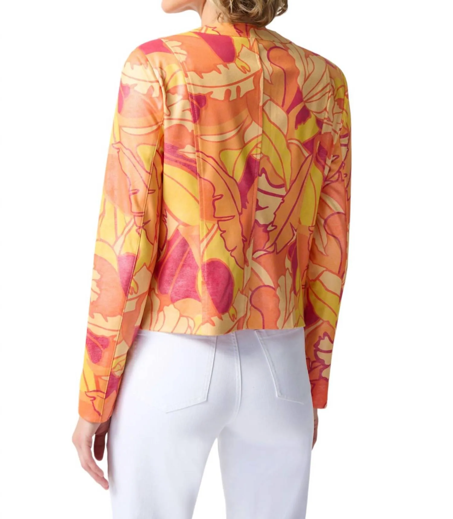 Tropical Print Faux Leather Jacket In Pink/multi