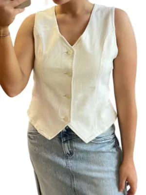 V-Neck Button Down Vest In Cream