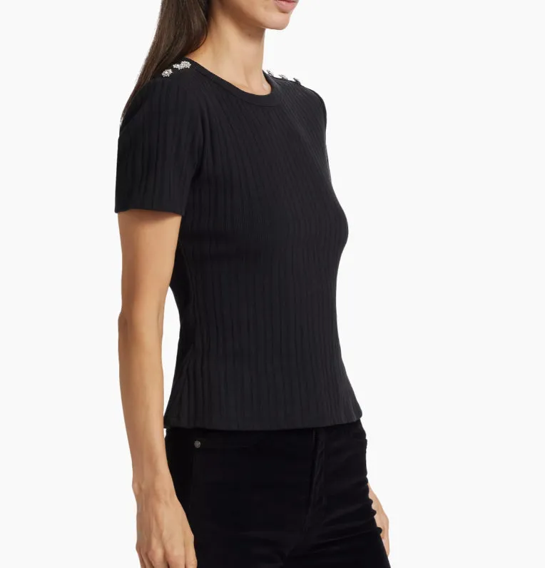 Veronica Beard Women's Draya Rhinestone Button Tee, Black