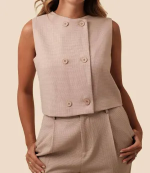 Whitney Gingham Buttoned Vest In Taupe