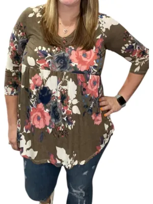 Winter Floral Babydoll Top In Olive