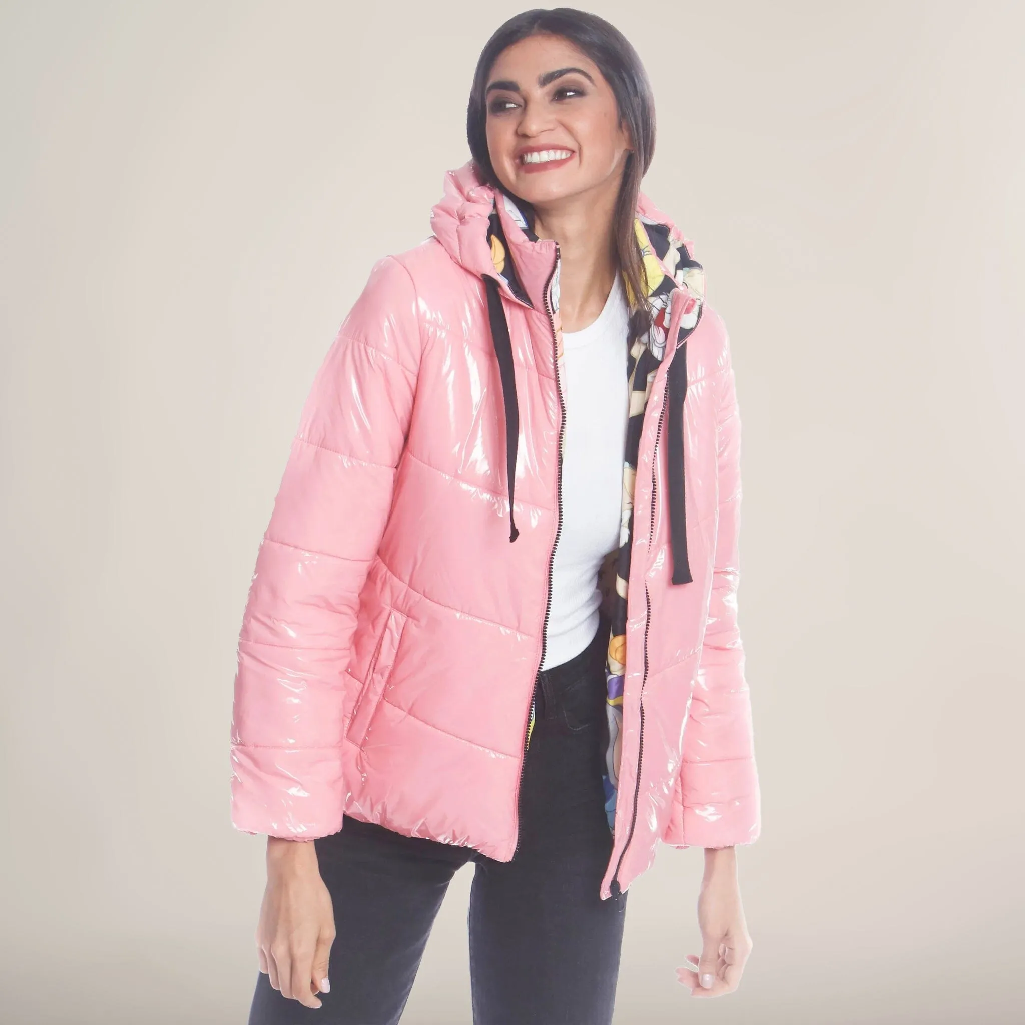 Women's Hi-Shine Chevron Quilt Puffer with Looney Tunes Mashup Print Lining