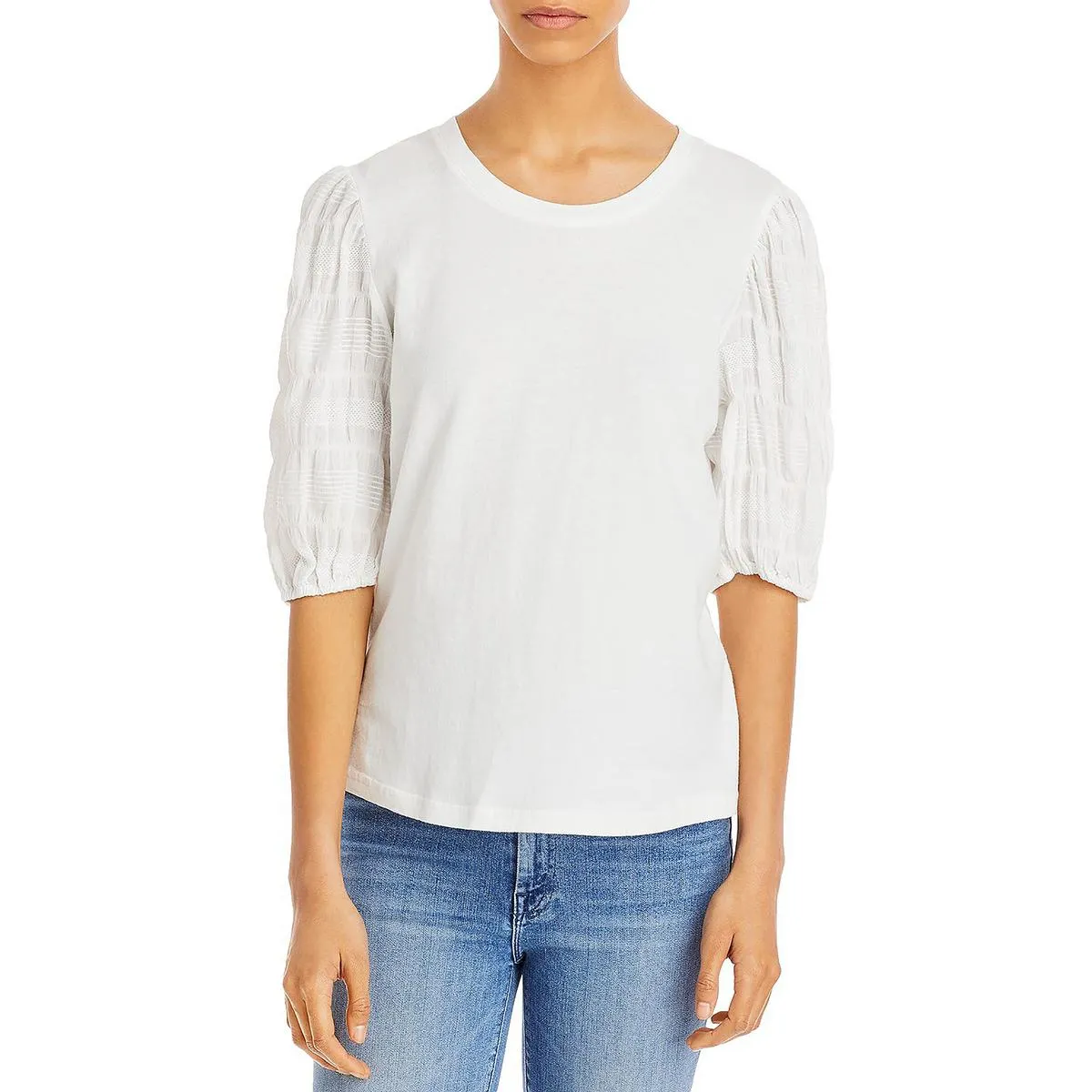 Womens Puff Sleeve Mixed Media T-Shirt