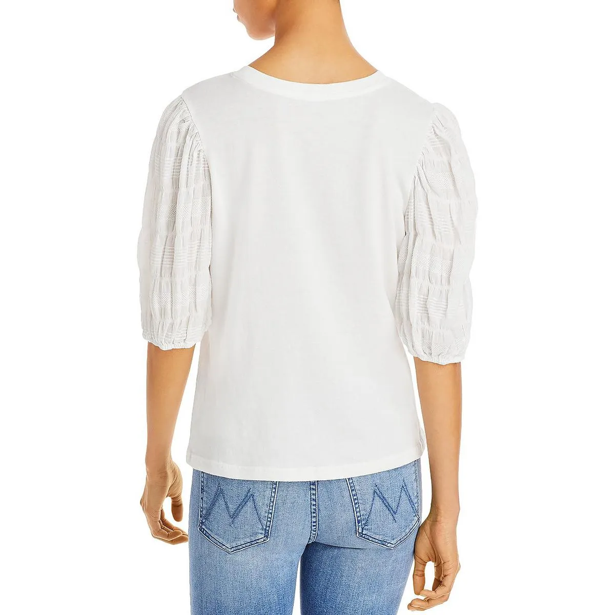 Womens Puff Sleeve Mixed Media T-Shirt