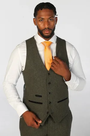 Wool Blend Waistcoat Olive Green Tweed Tailored Fit Vest