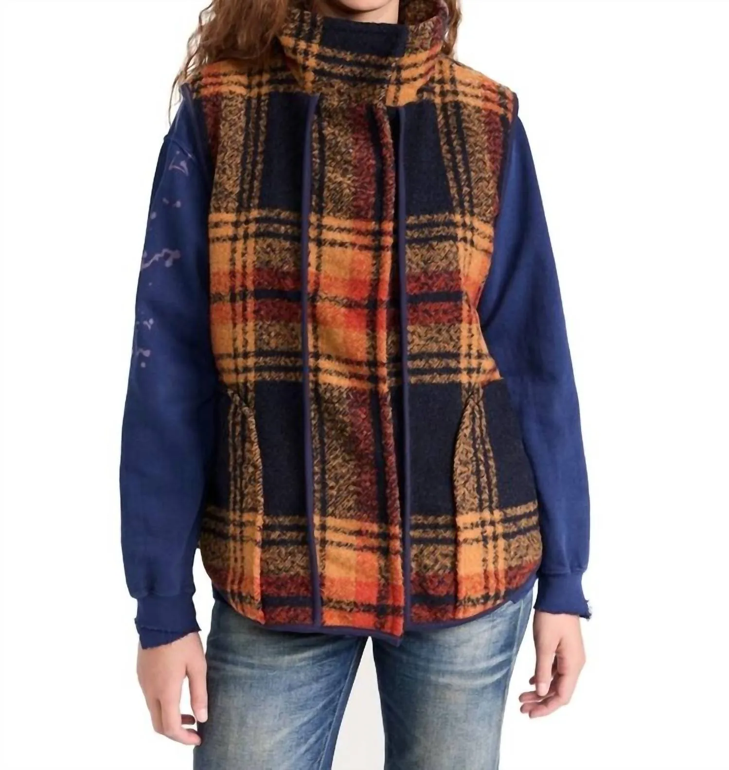 Wrapped Up Blanket Vest In Navy And Gold