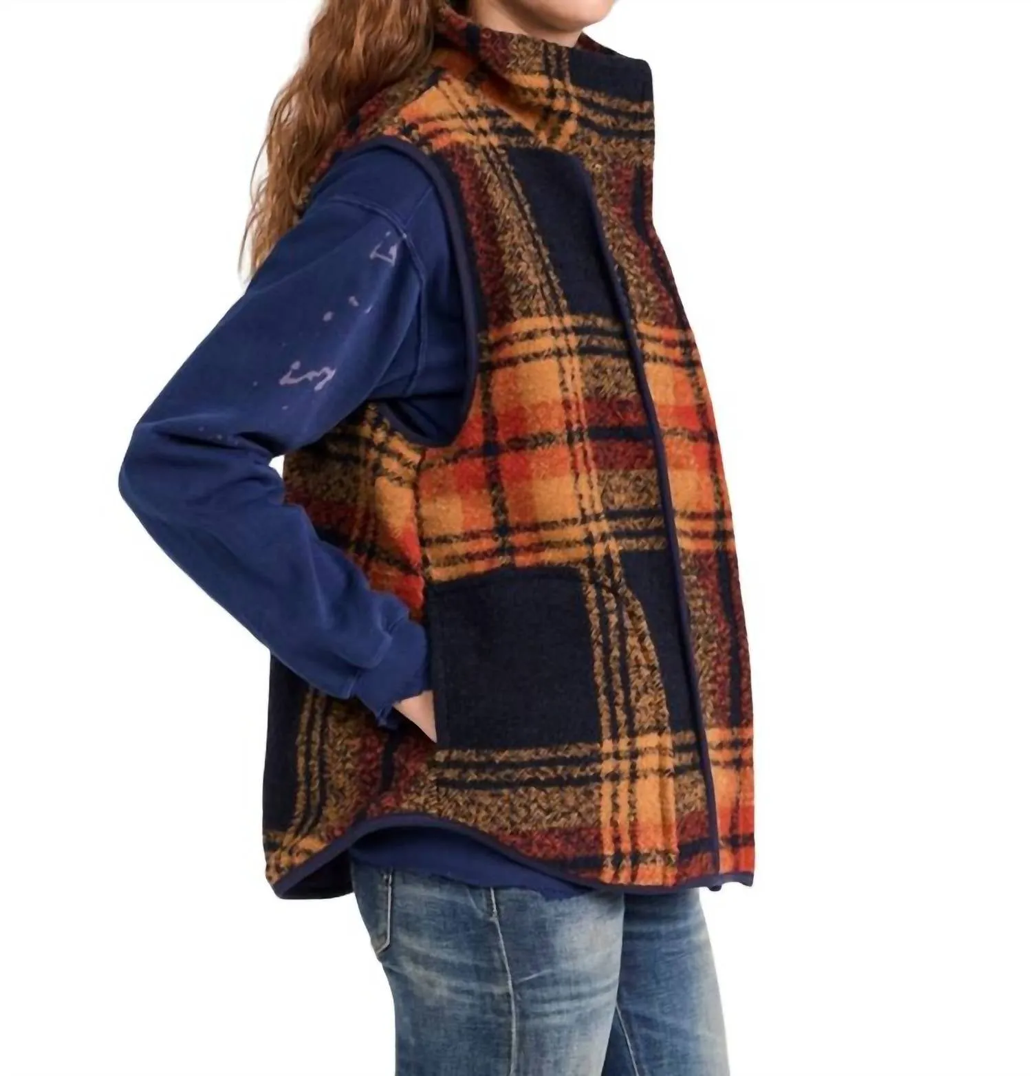 Wrapped Up Blanket Vest In Navy And Gold